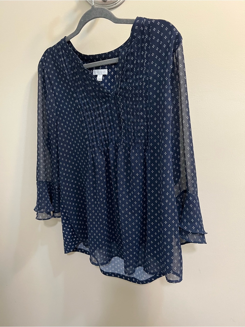 Charter Club Navy Blue Printed Chiffon front lining Blouse Size XL